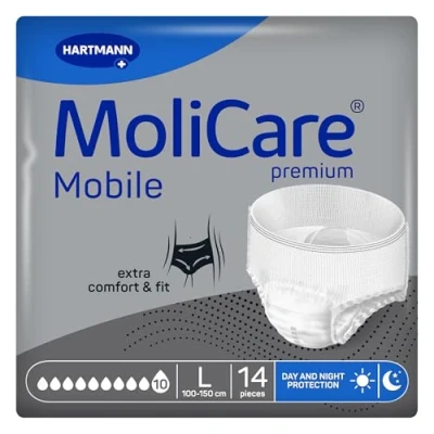 Abbildung von MoliCare premium Mobile 10 Tropfen Größe L, Inkontinenzhosen für Frauen und Männer mit schwerster Inkontinenz, extra Auslaufschutz, fortschrittlicher Hautschutz, verbesserte Passform, 14 Stück