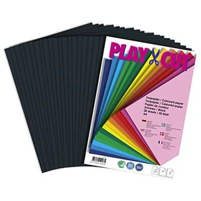 Abbildung von PLAY CUT Tonpapier A4 Schwarz (130g/m2) 20 Bogen Din Papier zum Basteln Drucken Dickes Bedruckbares Bastelpapier Set und Druckerpapier Premium Tonzeichenpapier &amp; Craft Paper
