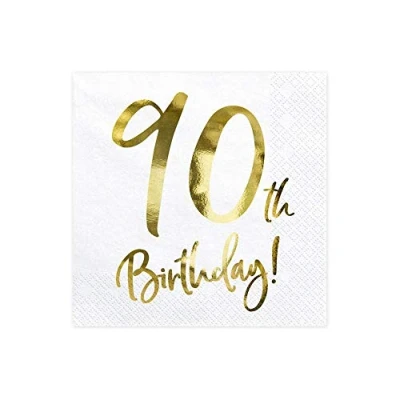 Abbildung von PartyDeco Weiße Papierservietten mit der Aufschrift 90th Birthday 90. Geburtstag Dekorationen für Runde Dekorative Servietten Papiertaschentücher Taschentücher Bedruckte Tabelle