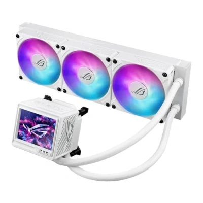 Abbildung von ASUS ROG Ryujin III 360 ARGB Extreme White All in One Flüssig CPU Wasserkühlung (3,5 Zoll LCD Bildschirm, Aseteks Emma Gen8 V2 Pumpe, verdickte magnetische Lüfter, Geräuschoptimierung, weiß)