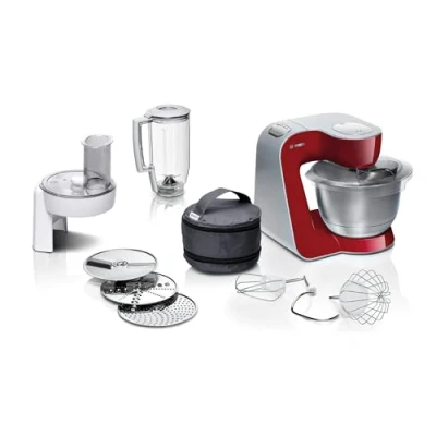 Abbildung von Bosch Küchenmaschine Serie 4 MUM58720,Edelstahl Schüssel 3,9 L, Mixer 1,25 Planetenrührwerk,Knethaken,Schlag,Rührbesen, Durchlaufschnitzler, 3 Scheiben, 1000 W, Dunkelrot/Silber