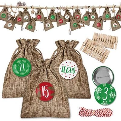 Abbildung von Papierdrachen 24 Adventskalender Stoffsäckchen zum Befüllen klassischer Weihnachtskalender Stoffbeutel selber Dekorieren und Basteln Geschenksäckchen Jute Rot Grün Nummer 21