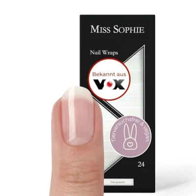 Abbildung von Original Miss Sophie Nagelfolien Transparent I 24 ultra dünne Nagellack Streifen Für Finger &amp; Fußnägel Hält auf Natur sowie lackierten, Acryl , Gel Shellac Nägeln