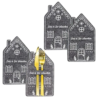 Abbildung von Papierdrachen Weihnachtdekoration Filz Besteckhalter Motiv Lebkuchenhaus in Farbe anthrazit mit hochwertiger Bedruckung festliche Weihnachtsdekoration Set 4