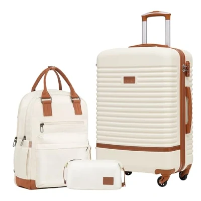 Abbildung von COOLIFE Koffer Trolley Reisekoffer von ABS Hartschalen 4 Rollen TSA Schloss Der Enthält 1 Reiserucksack und Kulturbeutel (Weiß/Braun, Mittlerer Set 3tlg)