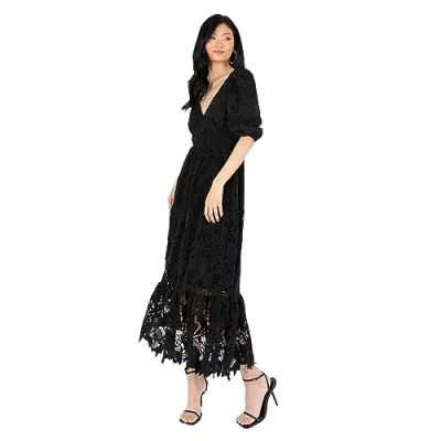 Abbildung von Maya Deluxe Damen Women&#039;s Midaxi Dress V Neckline Puff Sleeve Lace A line for Wedding Guest Bridesmaid Cocktail Prom Evening Occasion Kleid, Black, 48