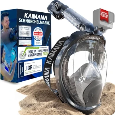 Abbildung von Die Preisgekrönte KAIMANA® Schnorchelmaske für Erwachsene &amp; Kinder absolut CO2 sicher inkl. Tragetasche Tauchermaske Vollgesichtsmaske Tauchmaske