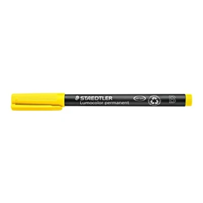 Abbildung von STAEDTLER permanent Marker Lumocolor, gelb, Keilspitze ca. 1,0 2,5 mm, wisch und wasserfest, Made in Germany, lange Lebensdauer, 10 gelbe Universalstifte im Kartonetui, 314 1