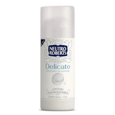 Abbildung von Neutro Roberts, Deo Delicato Stick, extra sanfter Schutz, keine Aluminiumsalze, Flecken, mit reinem Glycerinöl, Deodorant für Damen und Herren, dermatologisch getestet, 40 ml, 48h