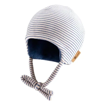 Abbildung von Sterntaler Beanie gestreift aus Microfleece Baby und Kinder Mütze mit angeschnittenen Ohrenklappen Bindeband gefüttert Baumwollfleece Kobaltblau, 45