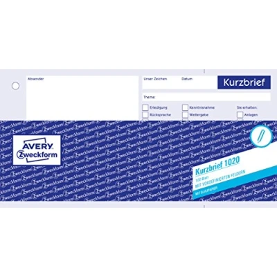 Abbildung von AVERY Zweckform 1020 Kurzbrief (1/3 A4, mit 1 Blatt Blaupapier, 100 Blatt) weiß