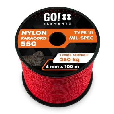 Abbildung von GO!elements 100m Paracord Seil aus reißfester Nylonschnur 4mm 550 Typ III Schnur geeignet als Allzweckseil &amp; Reepschnur Max. 250kg, Farbe:Rot