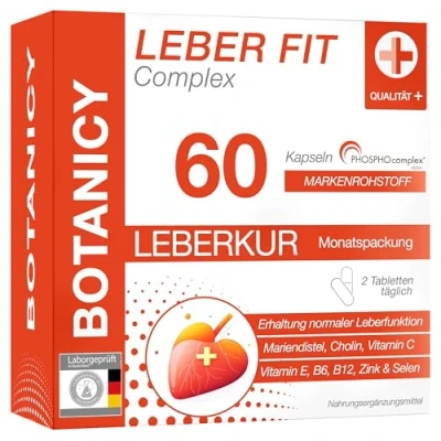 Abbildung von BOTANICY Leber Fit Complex 60 Mariendistel Kapseln Unterstützt Funktion Markenrohstoff PHOSPHOcomplex™ mit Silymarin, plus Cholin, Vitamine &amp; Mineralstoffe Hohe Bioverfügbarkeit