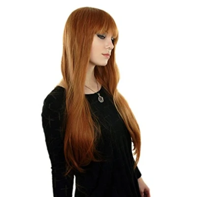 Abbildung von Prettyland Damen Langhaar Perücke mit Pony Glatte Orange Braun Wig C1109