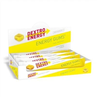 Abbildung von DEXTRO ENERGY GUMS ZITRONE + NATRIUM 360g (8 Stück) Sport Frucht Gummi, schnell verfügbare Kohlenhydrate, Zusatz und fruchtiger Geschmack, intensive Workouts, Kaubares Liquid Gel, vegan