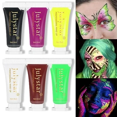 Abbildung von 6 Stück Face Painting Glow in the Dark Paint Set, wasserlösliche fluoreszierende Graffiti Farbe für Halloween Body Painting, Party Rave Art