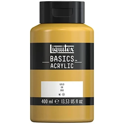 Abbildung von Liquitex 8870342 Basics Acrylfarbe, monopigmentierte Künstlerpigmente, lichtecht, mittlere Viskosität, Archivqualität, seidenglänzender Finish, 400ml Flasche Gold