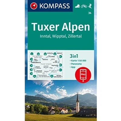Abbildung von KOMPASS Wanderkarte 34 Tuxer Alpen, Inntal, Wipptal, Zillertal 1:50.000: 3in1 Wanderkarte, mit Panorama, inklusive Karte zur offline Verwendung in der App. Fahrradfahren. Skitouren.
