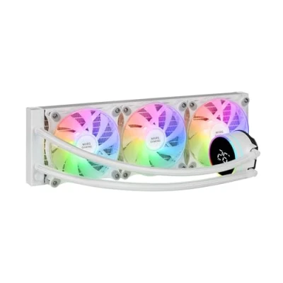 Abbildung von MARSGAMING ML LCD360, AIO Flüssigkeitskühlung, TDP 600W, 3X FDB ARGB 120mm Lüfter, LCD Display mit Temperaturüberwachung, Opti Chamber 3rd Gen Pumpe, Universeller Multisocket, Weiß