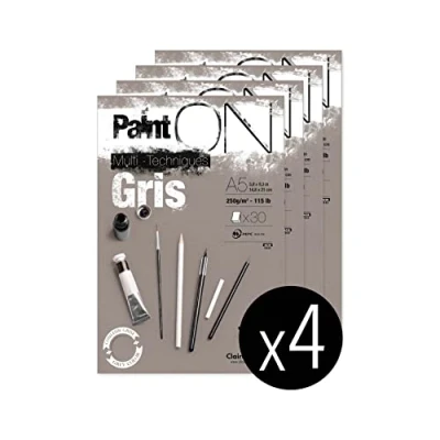 Abbildung von Clairefontaine 975808C Packung mit 4 Blöcken Paint&#039;ON Gris, DIN A5, kopfseitig geleimt, 30 Blatt, 250g, grau, 1 Pack