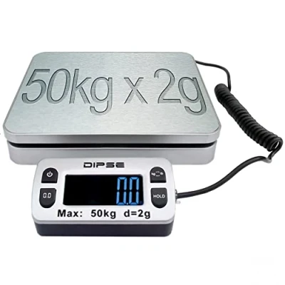 Abbildung von DIPSE Parcel Mini 50 kg x 2g digitale Paketwaage mit 50kg Wägeleistung in Schritten, externem LC Display und Edelstahl Wiegeplattform Tara Funktion g Pfund Küchenwaage Tischwaage Briefwaage
