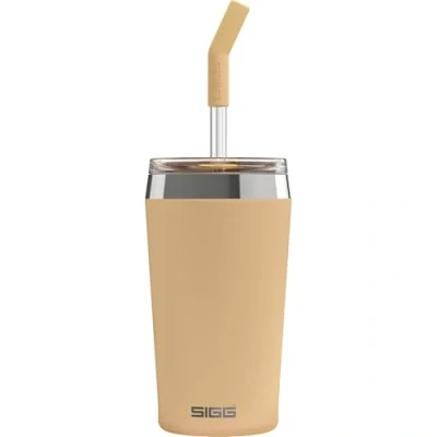 Abbildung von SIGG Helia Muted Peach Kaffeebecher to go (0.45 L), doppelwandig isolierter Thermobecher mit Glas Strohhalm, auslaufsicherer Tumbler aus Edelstahl für heiße &amp; kalte Getränke