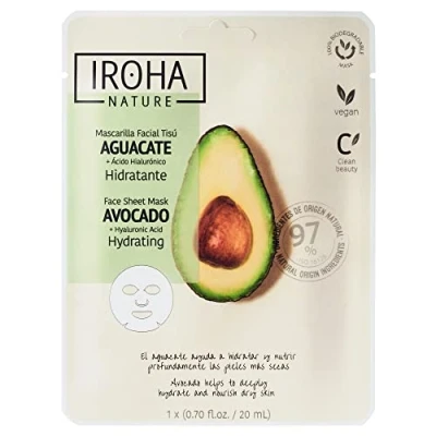 Abbildung von Iroha Nature Feuchtigkeitsgesichtsmaske mit Avocado und Hyaluronsäure Tiefenpflege für alle Hauttypen Ergebnisse in 15 Minuten 100% vegan cruelty free