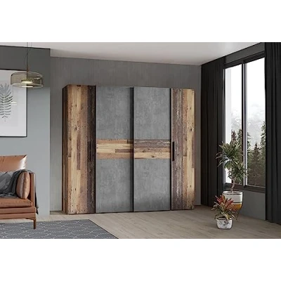 Abbildung von FORTE KALIXTUS Schrank 200, Kleiderschrank, Schwebetürenschrank Industrial Schlafzimmer Drehtürenschrank, 4 türig Old Wood Vintage / Betonoptik Dunkelgrau, 200 cm breit x 190.5 hoch 62 tief