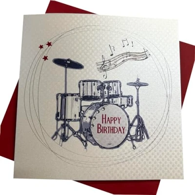 Abbildung von White Cotton Cards SB53 &quot;Drums Happy Birthday&quot; Handarbeit
