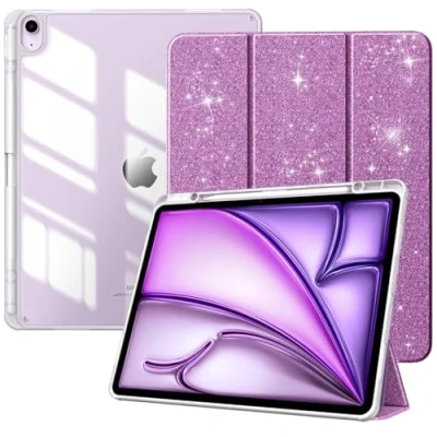 Abbildung von TiMOVO Hülle für New iPad air 13 Zoll (M2) 2024 Schutzhülle mit Stifthalter, Schlank Ständer Klarer Transparent Rückseite 13,Auto Schlaf/Aufwach, Glitter Violett