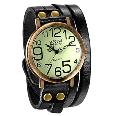 Abbildung von JewelryWe Herren Damen Armbanduhr, Schwarz Leder Armband Wickelarmband, Casual Retro, Analog Quarz Uhr, Vintage grünes Digital Zifferblatt