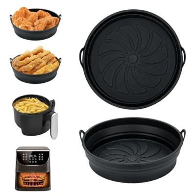 Abbildung von Alyvisun Silikonform für Heißluftfritteuse 2 Stück Air Fryer Silikonmatte Wiederverwendbar Silikon Backform Pot Zubehör Runde Einsätze Liner Airfryer, Mikrowelle, Ofen, Silicone, Schwarz