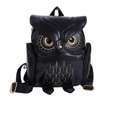 Abbildung von YUHUAWYH Damen PU Leder Rucksack Mädchen Freizeit Cartoon Eule Daypack Tasche (Schwarz)