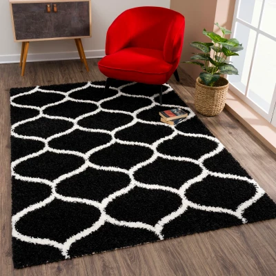 Abbildung von SANAT Madrid Shaggy Teppich Hochflor Teppiche für Wohnzimmer, Schlafzimmer, Küche Schwarz, Größe: 140x200 cm