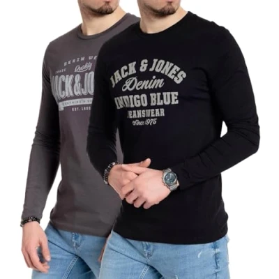 Abbildung von JACK &amp; JONES Herren Langarmshirt aus Baumwolle Longsleeve Männer T Shirt mit Langen Ärmeln (LS Doppelmix 12 L)(Doppelmix Nala L/S Asphalt/Nala Black04 L)