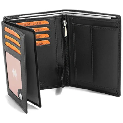 Abbildung von Fa.Volmer Schwarze Ledergeldbörse aus echtem Leder in Hochformat mit TÜV geprüftem RFID Schutz Phoenix 3, Schwarz