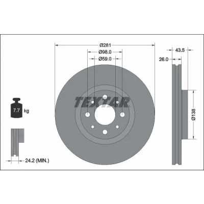 Abbildung von TEXTAR 92344703 Bremsscheibe 281 26 04/08 98 innenbelüftet beschichtet ohne Radbefestigungsbolzen, Radnabe FIAT: 500 Hatchback