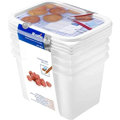 Abbildung von Rotho Domino 4er Set Gefrierdose 1l mit beschreibbarem Motiv auf dem Deckel, lebensmittelechter Kunststoff (PP) BPA frei, weiss, 4 x (15.7 11.8 10.0 cm), Weiß