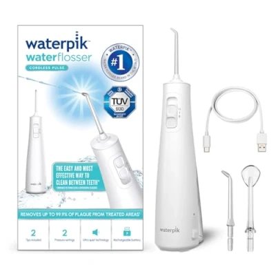 Abbildung von Waterpik Pulse Munddusche kabellos, Professionelle 99,9% Plaque Entfernung, 2x Intensitätsmodi, Zahnzwischenraumreiniger, 45 Sekunden Wassertankkapazität, Aufsätze enthalten, weiß