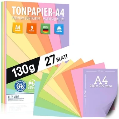 Abbildung von Pastell Tonzeichenpapier DIN A4 27 Blatt 130 g 9 Farben Festes Papier Farbige Blätter für Schule, Hobby Kinder, Buntpapier Pastellfarben BLAUER ENGEL &amp; PEFC zertifiziert MADE IN GERMANY