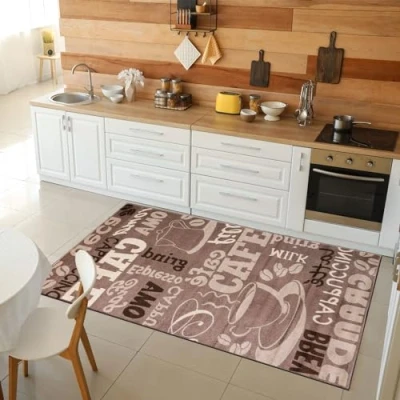 Abbildung von VIMODA Küchenteppich Teppichläufer Coffee Modern Kaffee Design in Braun Beige Teppich für Lounge oder Küche, Maße:160x220 cm