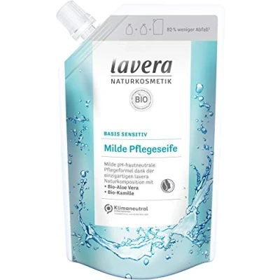 Abbildung von lavera Nachfüllbeutel basis sensitiv milde Pflegeseife Bio Aloe Vera &amp; Kamille Reinigung auch für empfindliche und trockene Haut geeignet vegan pH hautneutral 6 x 500ml, 110246
