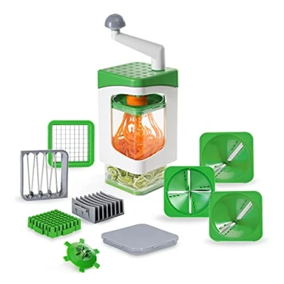 Abbildung von Genius Nicer Dicer Julietti Spiralschneider 13 tlg Zoodle Maker + Würfelschneider in einem Set für Spiralen und Würfel enthält 7 Schneideinsätze &amp; Auffangbehälter 1200ml, Grün