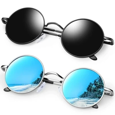 Abbildung von KANASTAL Runde Sonnenbrille Herren und Damen 2er Set Polarisiert Schwarze Verspiegelt Blau Rund Brille UV Schutz 90er Rave Hippie Steampunk Style mit Metallrahmen