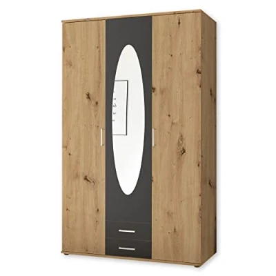 Abbildung von Stella Trading Kassel Kleiderschrank mit Spiegeltür in Weiß, Artisan Eiche Optik Vielseitiger Drehtürenschrank 3 türig für Ihr Schlafzimmer 120 x 195 55 cm (B/H/T)