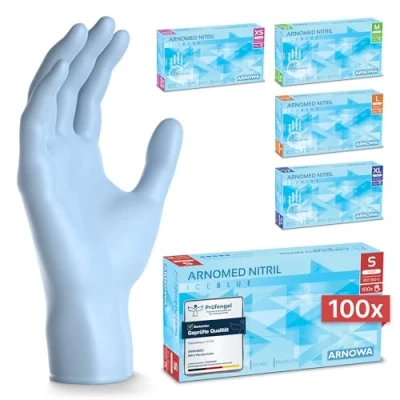 Abbildung von ARNOMED Einweghandschuhe Hellblau 100 Stück/Box, Einmalhandschuhe S, Nitrilhandschuhe, Handschuhe Einweg puderfrei, latexfreie Gummihandschuhe, in XS, M, L &amp; XL verfügbar