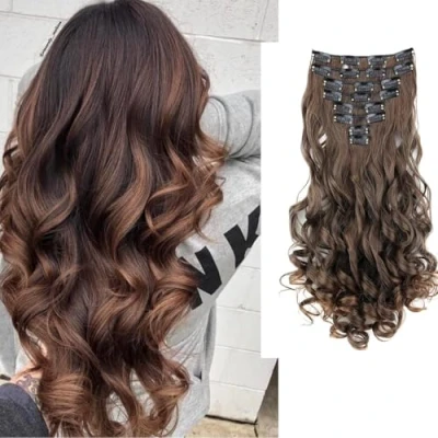 Abbildung von CAISHA XXL 8 Teiliges Set 45cm Langhaarige CLIP IN EXTENSIONS Synthetik Haarverlängerung Haarteil Voluminös Gelockt Braun Mix CES12 1