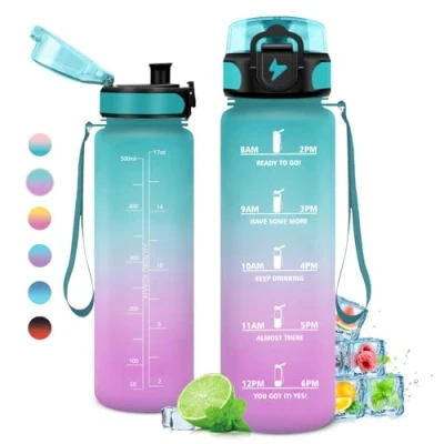 Abbildung von Trinkflasche Kinder 500ml, mit Zeitmarkierung und Filter, Auslaufsicher Wasserflasche Kohlensäure Geeignet für Fahrrad, Schule, Maedchen, Sport