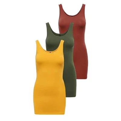 Abbildung von ONLY Damen Onllive Love Long Tank Top 3er Pack für Frauen, Kalamata/Golden Yellow/Burnt Henna, M