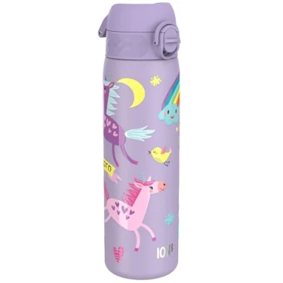 Abbildung von ion8 Stahl Trinkflasche, 600 ml, Auslaufsicher, Einhandöffnung, Sichere Verriegelung, Spülmaschinenfest, Klappdeckel, Tragegriff, Leicht zu Reinigen, Langlebig, Helllila Einhörner